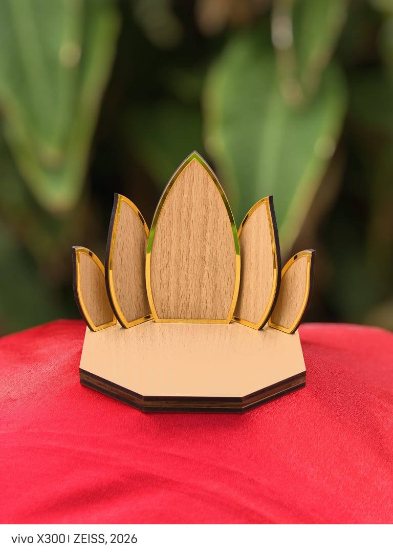 Wooden and gold-acrylic lotus crown car dash temple base — Aryaveil India